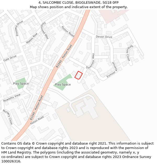 4, SALCOMBE CLOSE, BIGGLESWADE, SG18 0FP: Location map and indicative extent of plot