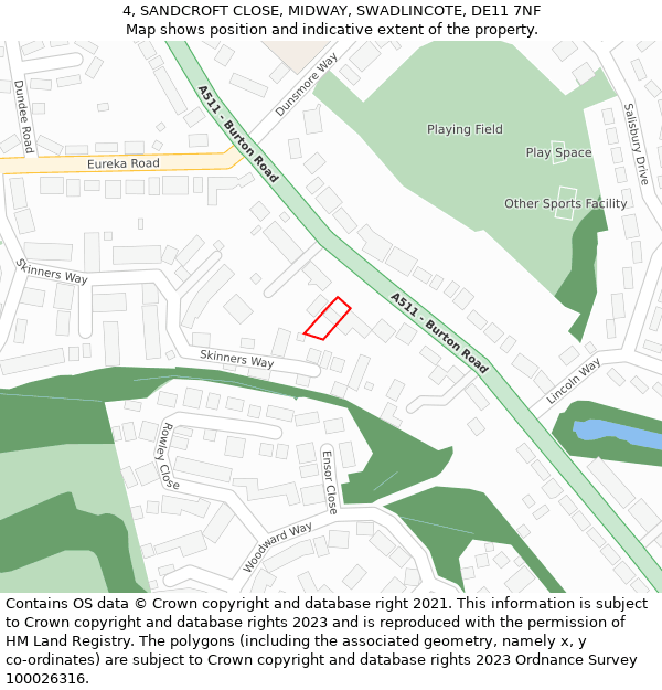 4, SANDCROFT CLOSE, MIDWAY, SWADLINCOTE, DE11 7NF: Location map and indicative extent of plot