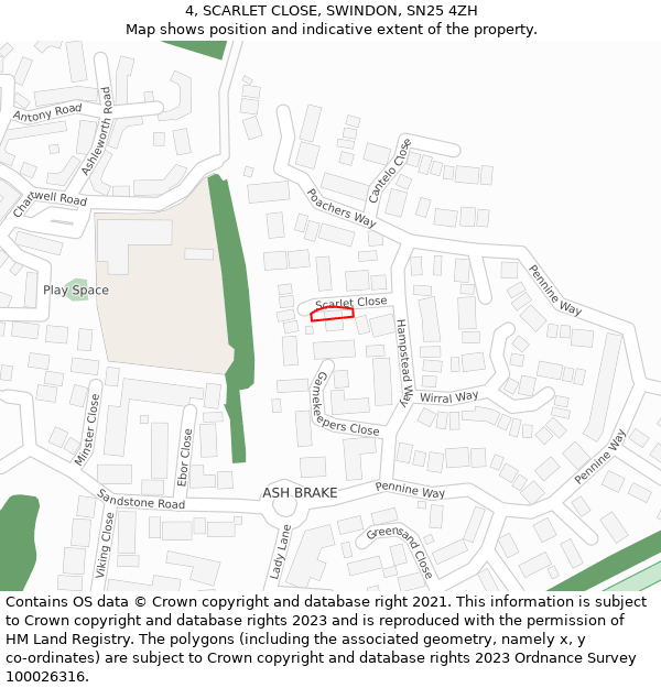 4, SCARLET CLOSE, SWINDON, SN25 4ZH: Location map and indicative extent of plot