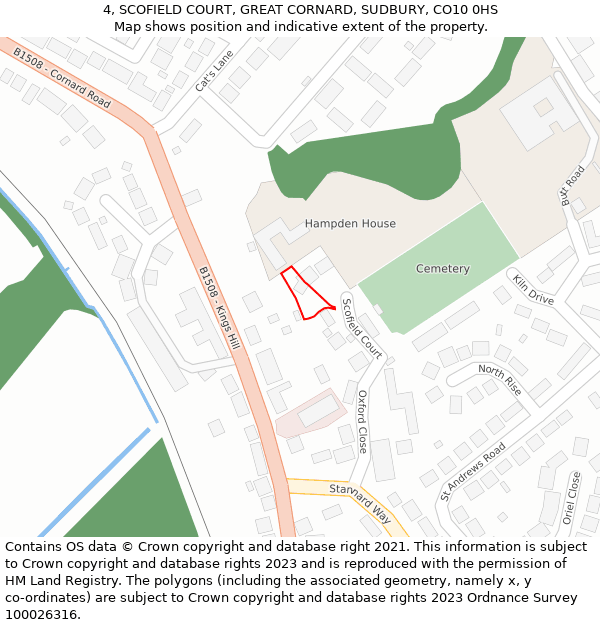 4, SCOFIELD COURT, GREAT CORNARD, SUDBURY, CO10 0HS: Location map and indicative extent of plot