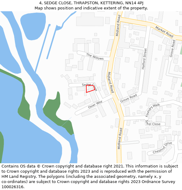 4, SEDGE CLOSE, THRAPSTON, KETTERING, NN14 4PJ: Location map and indicative extent of plot