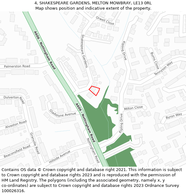 4, SHAKESPEARE GARDENS, MELTON MOWBRAY, LE13 0RL: Location map and indicative extent of plot