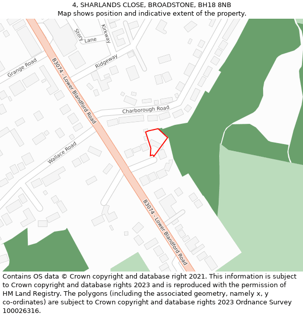 4, SHARLANDS CLOSE, BROADSTONE, BH18 8NB: Location map and indicative extent of plot