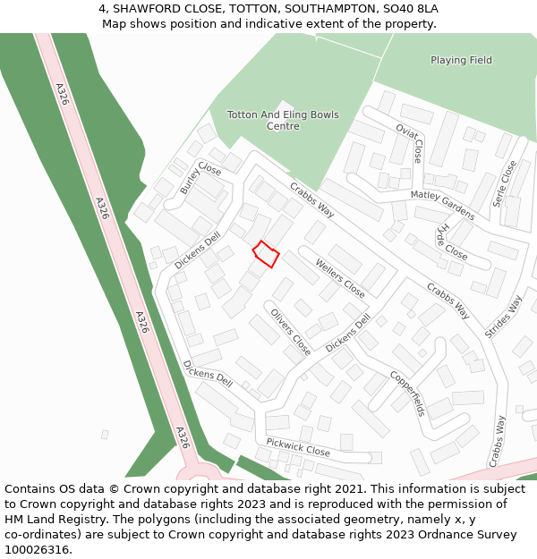 4, SHAWFORD CLOSE, TOTTON, SOUTHAMPTON, SO40 8LA: Location map and indicative extent of plot