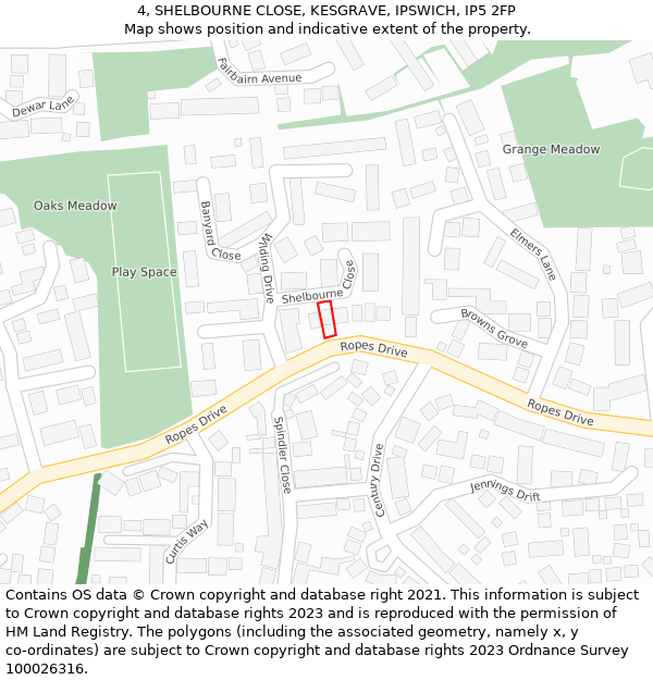 4, SHELBOURNE CLOSE, KESGRAVE, IPSWICH, IP5 2FP: Location map and indicative extent of plot