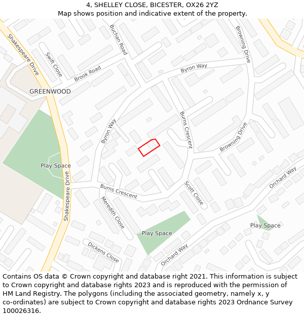 4, SHELLEY CLOSE, BICESTER, OX26 2YZ: Location map and indicative extent of plot