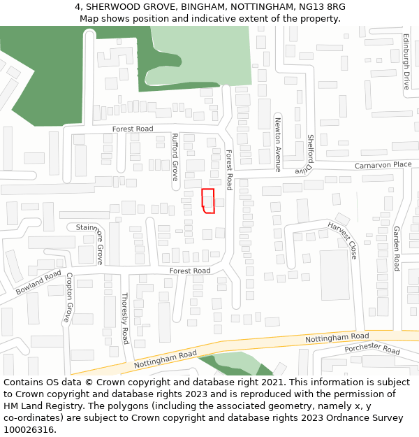 4, SHERWOOD GROVE, BINGHAM, NOTTINGHAM, NG13 8RG: Location map and indicative extent of plot