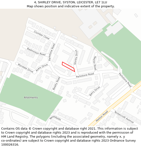 4, SHIRLEY DRIVE, SYSTON, LEICESTER, LE7 1LU: Location map and indicative extent of plot