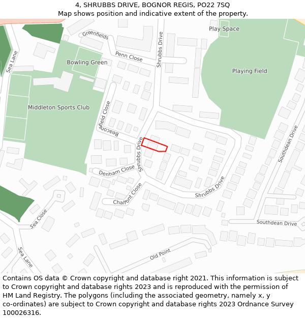 4, SHRUBBS DRIVE, BOGNOR REGIS, PO22 7SQ: Location map and indicative extent of plot