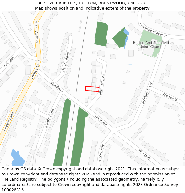 4, SILVER BIRCHES, HUTTON, BRENTWOOD, CM13 2JG: Location map and indicative extent of plot