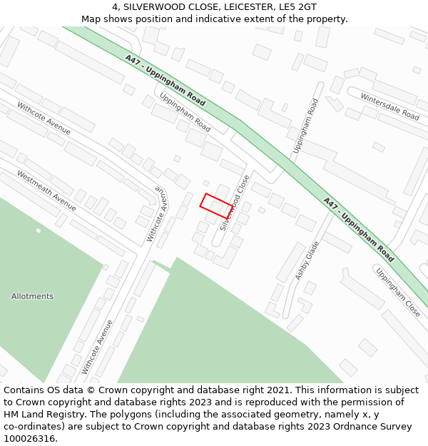 4, SILVERWOOD CLOSE, LEICESTER, LE5 2GT: Location map and indicative extent of plot