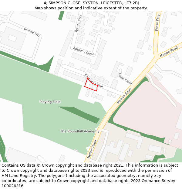 4, SIMPSON CLOSE, SYSTON, LEICESTER, LE7 2BJ: Location map and indicative extent of plot