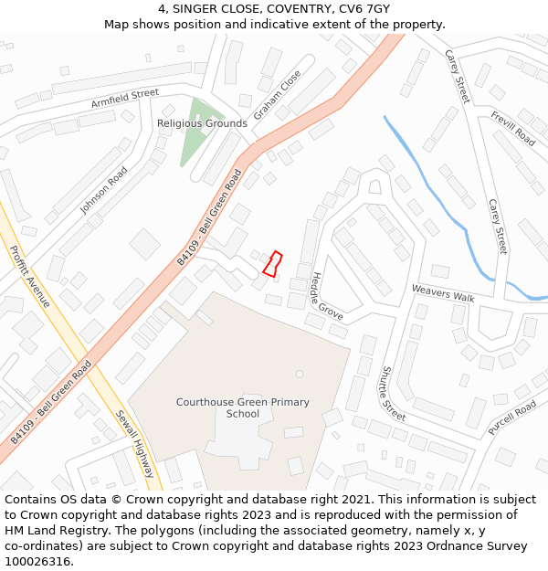 4, SINGER CLOSE, COVENTRY, CV6 7GY: Location map and indicative extent of plot