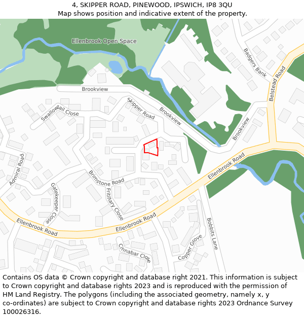 4, SKIPPER ROAD, PINEWOOD, IPSWICH, IP8 3QU: Location map and indicative extent of plot