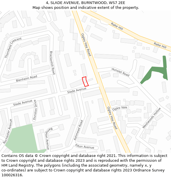 4, SLADE AVENUE, BURNTWOOD, WS7 2EE: Location map and indicative extent of plot