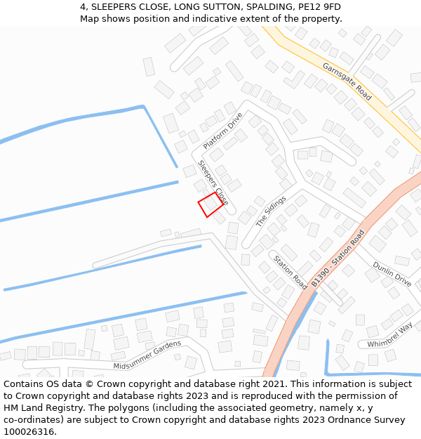 4, SLEEPERS CLOSE, LONG SUTTON, SPALDING, PE12 9FD: Location map and indicative extent of plot