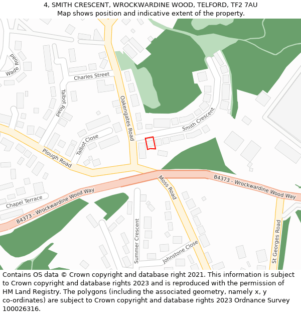 4, SMITH CRESCENT, WROCKWARDINE WOOD, TELFORD, TF2 7AU: Location map and indicative extent of plot