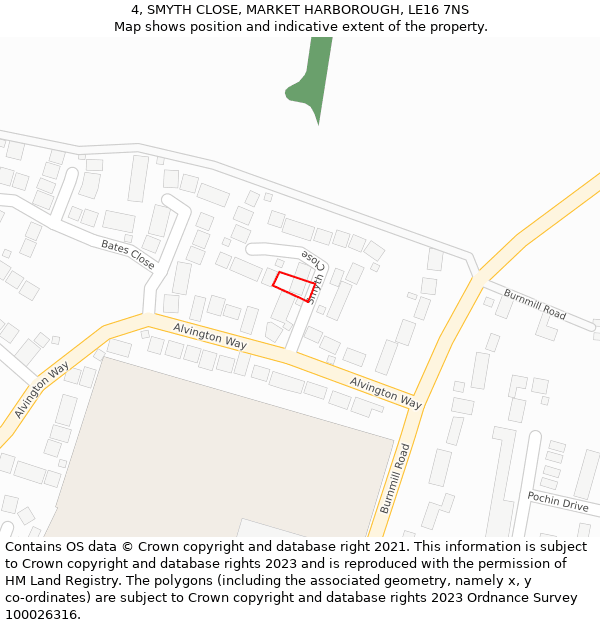 4, SMYTH CLOSE, MARKET HARBOROUGH, LE16 7NS: Location map and indicative extent of plot