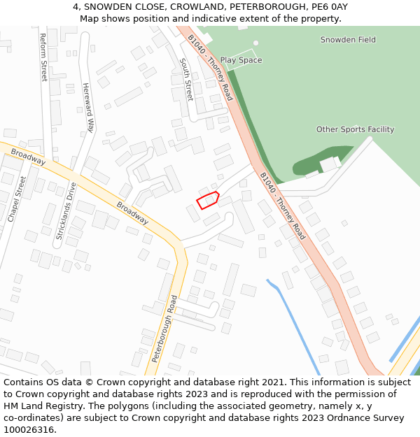 4, SNOWDEN CLOSE, CROWLAND, PETERBOROUGH, PE6 0AY: Location map and indicative extent of plot