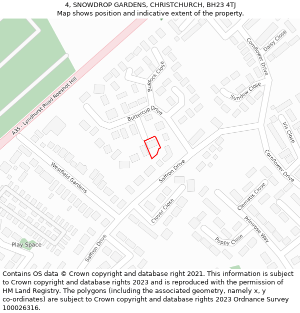 4, SNOWDROP GARDENS, CHRISTCHURCH, BH23 4TJ: Location map and indicative extent of plot