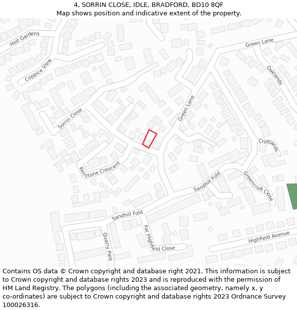 4, SORRIN CLOSE, IDLE, BRADFORD, BD10 8QF: Location map and indicative extent of plot