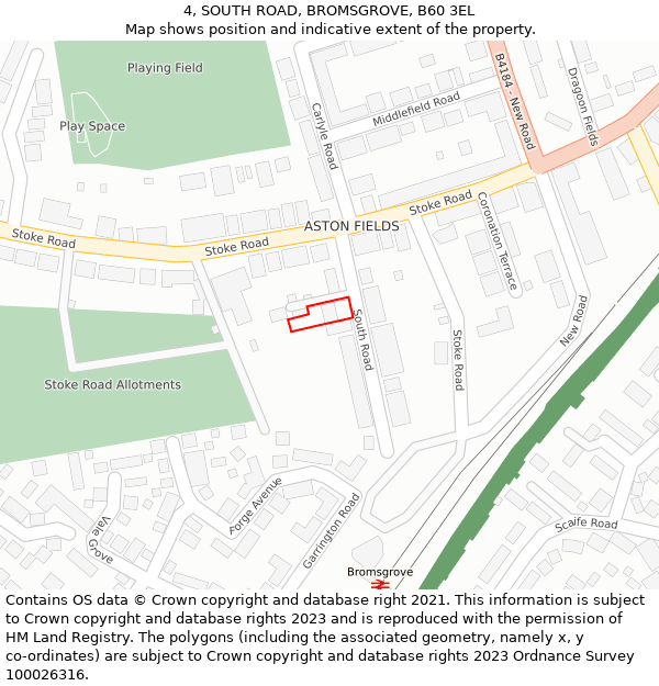 4, SOUTH ROAD, BROMSGROVE, B60 3EL: Location map and indicative extent of plot