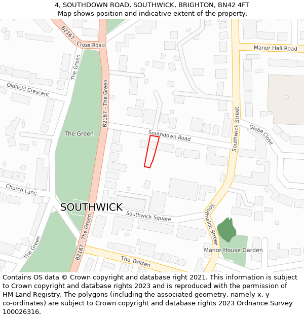4, SOUTHDOWN ROAD, SOUTHWICK, BRIGHTON, BN42 4FT: Location map and indicative extent of plot