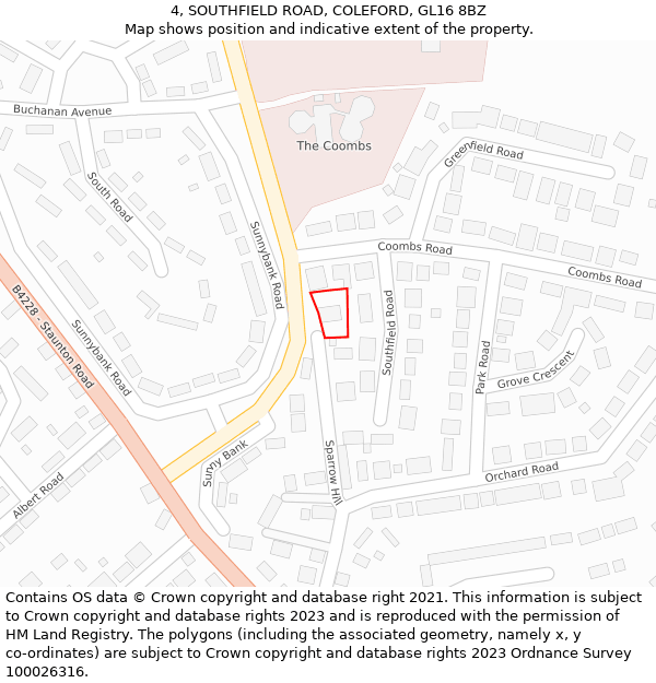 4, SOUTHFIELD ROAD, COLEFORD, GL16 8BZ: Location map and indicative extent of plot