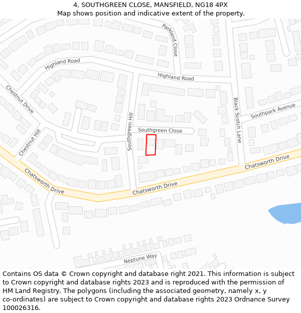 4, SOUTHGREEN CLOSE, MANSFIELD, NG18 4PX: Location map and indicative extent of plot