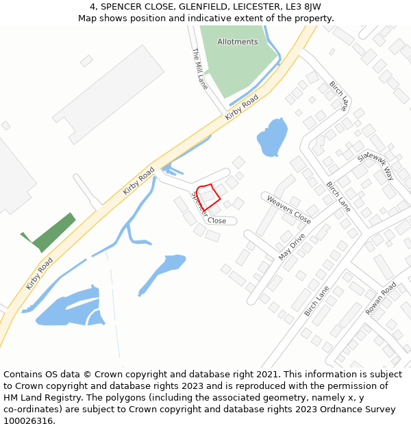 4, SPENCER CLOSE, GLENFIELD, LEICESTER, LE3 8JW: Location map and indicative extent of plot