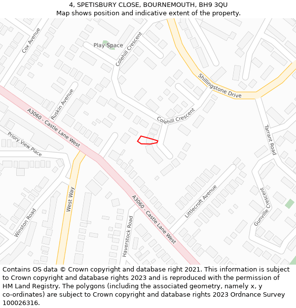 4, SPETISBURY CLOSE, BOURNEMOUTH, BH9 3QU: Location map and indicative extent of plot