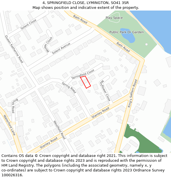 4, SPRINGFIELD CLOSE, LYMINGTON, SO41 3SR: Location map and indicative extent of plot