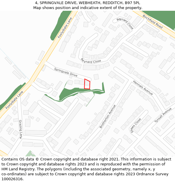 4, SPRINGVALE DRIVE, WEBHEATH, REDDITCH, B97 5PL: Location map and indicative extent of plot