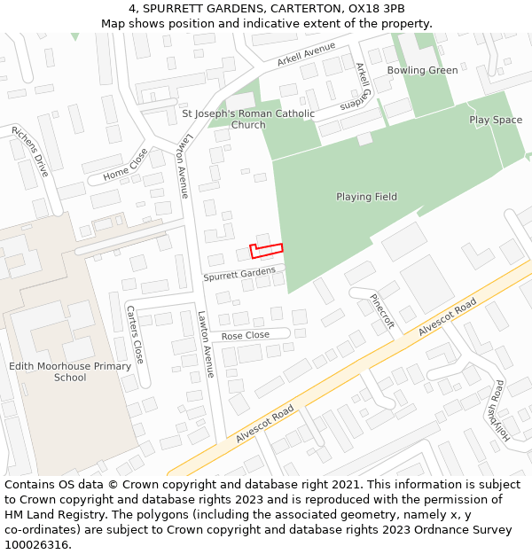 4, SPURRETT GARDENS, CARTERTON, OX18 3PB: Location map and indicative extent of plot