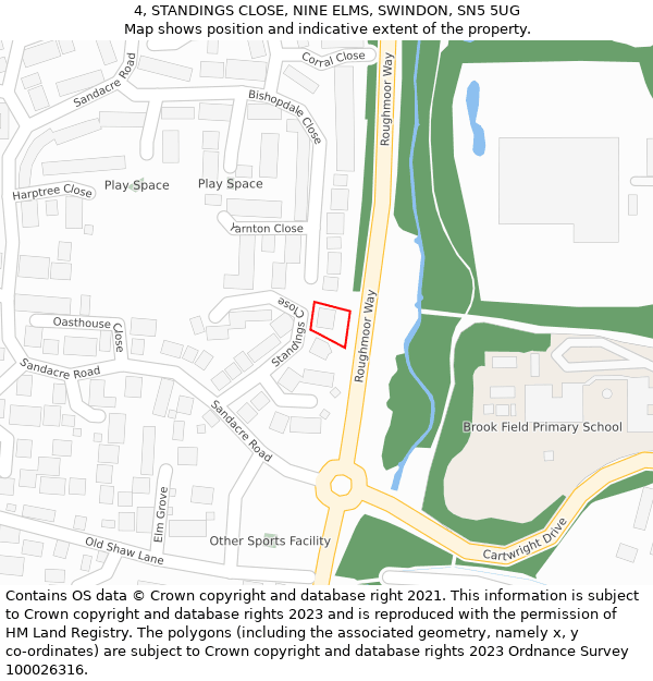 4, STANDINGS CLOSE, NINE ELMS, SWINDON, SN5 5UG: Location map and indicative extent of plot