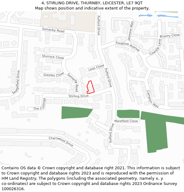 4, STIRLING DRIVE, THURNBY, LEICESTER, LE7 9QT: Location map and indicative extent of plot