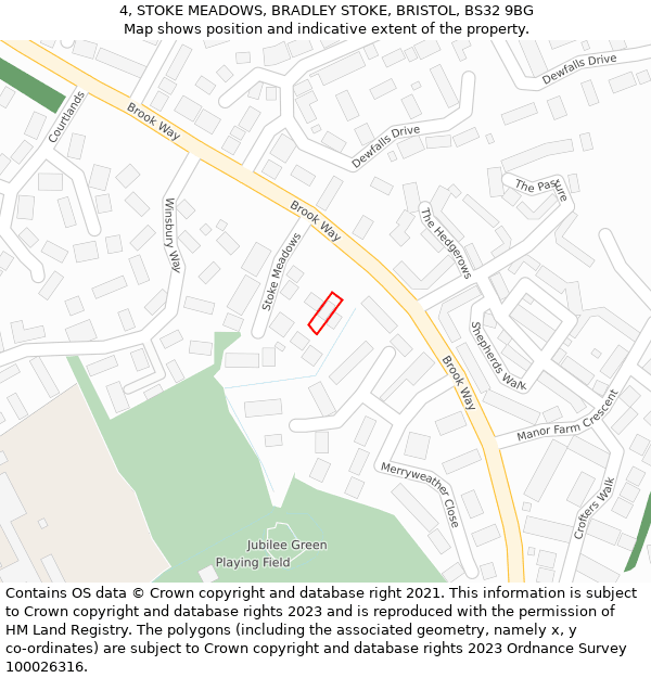 4, STOKE MEADOWS, BRADLEY STOKE, BRISTOL, BS32 9BG: Location map and indicative extent of plot