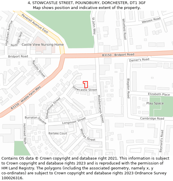 4, STOWCASTLE STREET, POUNDBURY, DORCHESTER, DT1 3GF: Location map and indicative extent of plot