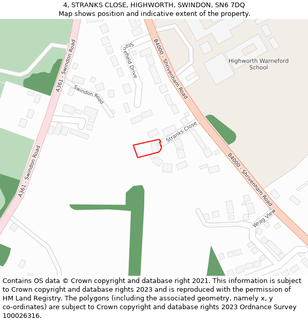 4, STRANKS CLOSE, HIGHWORTH, SWINDON, SN6 7DQ: Location map and indicative extent of plot