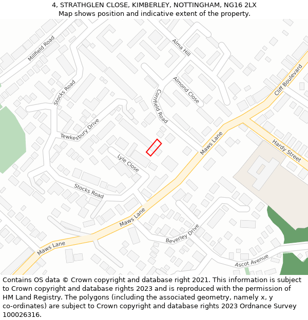 4, STRATHGLEN CLOSE, KIMBERLEY, NOTTINGHAM, NG16 2LX: Location map and indicative extent of plot