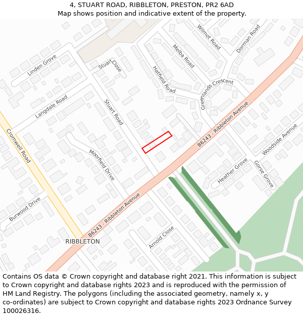 4, STUART ROAD, RIBBLETON, PRESTON, PR2 6AD: Location map and indicative extent of plot