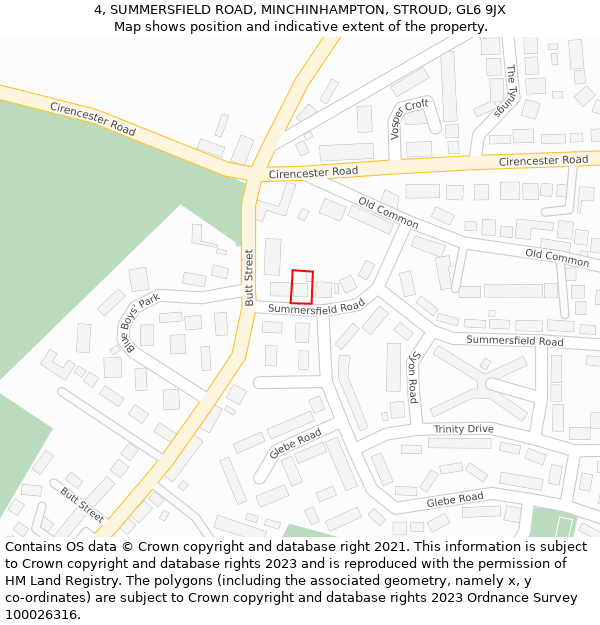 4, SUMMERSFIELD ROAD, MINCHINHAMPTON, STROUD, GL6 9JX: Location map and indicative extent of plot