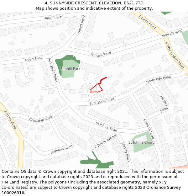 4, SUNNYSIDE CRESCENT, CLEVEDON, BS21 7TD: Location map and indicative extent of plot