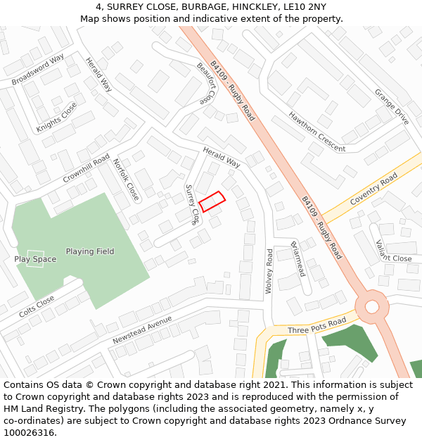 4, SURREY CLOSE, BURBAGE, HINCKLEY, LE10 2NY: Location map and indicative extent of plot