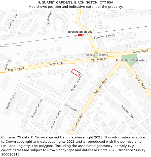 4, SURREY GARDENS, BIRCHINGTON, CT7 9SA: Location map and indicative extent of plot