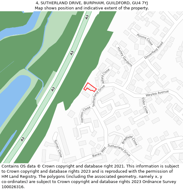 4, SUTHERLAND DRIVE, BURPHAM, GUILDFORD, GU4 7YJ: Location map and indicative extent of plot