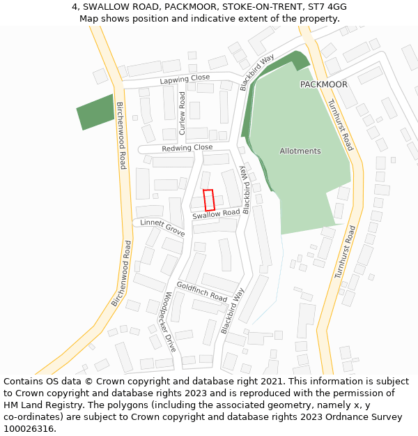 4, SWALLOW ROAD, PACKMOOR, STOKE-ON-TRENT, ST7 4GG: Location map and indicative extent of plot
