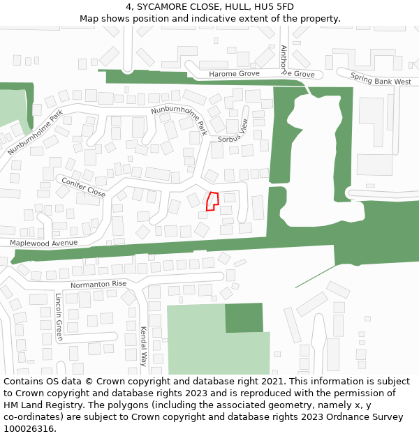 4, SYCAMORE CLOSE, HULL, HU5 5FD: Location map and indicative extent of plot