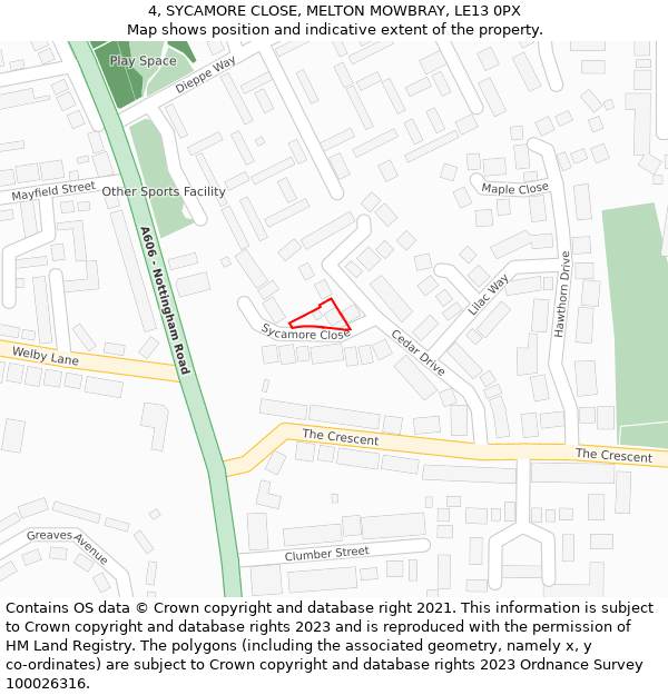 4, SYCAMORE CLOSE, MELTON MOWBRAY, LE13 0PX: Location map and indicative extent of plot