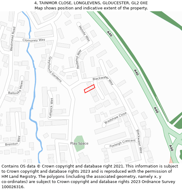 4, TAINMOR CLOSE, LONGLEVENS, GLOUCESTER, GL2 0XE: Location map and indicative extent of plot